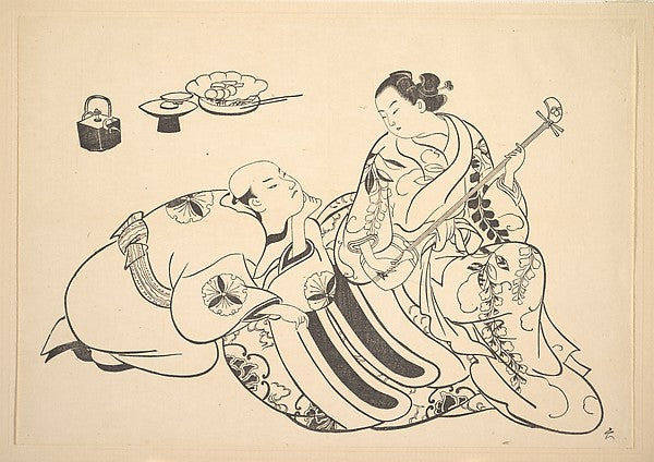 An Oiran Playing the Shamisen to a Young Man Kneeling by Her S, Poster Print