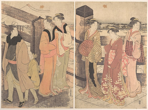 A Group of Women One Man and a Boy on a Bridge-Katsukawa Shun,16x12"(A3) Poster