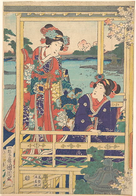 Two Beauties at Spring Garden with a Pond c2nd month, 1864-Toy, Poster Print Wall Art