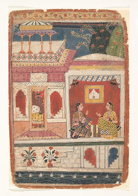 Radha and Her Confidant Sit in an Open Room - Page from a Dispe, Poster Print Wall Art