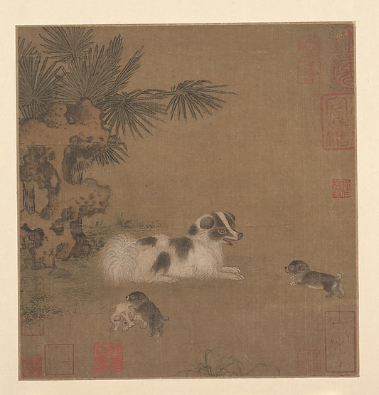 ,Puppies Playing beside a Palm Tree and Garden R,Japan ukiyo-e Period Image,16x12"(A3) Poster
