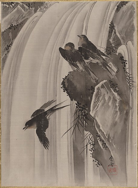 ,Swallows by a Waterfall c1887-Kawanabe Ky?sai,16x12"(A3) Poster