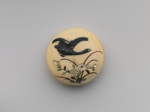 Netsuke of Flying Goose over Flowers 19th cent, Poster Print