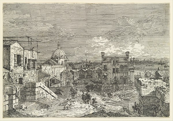 Imaginary View of Venice houses at left with figures on terra, Poster Print Wall Art
