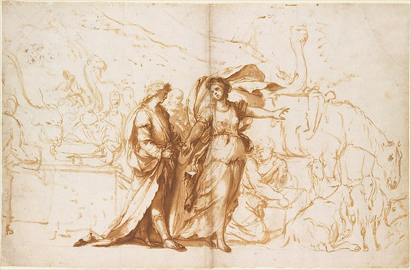 Rebecca at the Well 17th cent-Circle of Giovanni Benedetto Cas,16x12"(A3)Poster