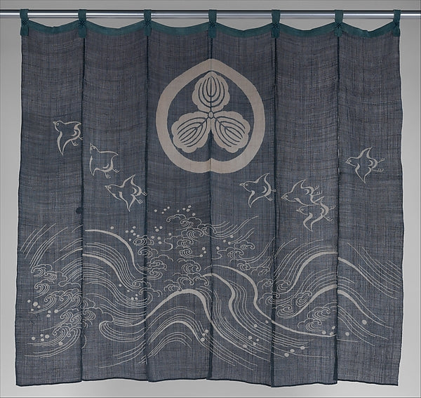 Noren with Design of Oak-Leaf Crest Plovers and Waves,Classic Ming China Image, Poster Print Wall Art