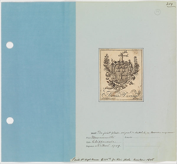 Nathaniel Hurd:Bookplate of Thomas Dering 1749-16x12"(A3) Poster