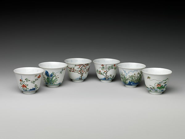 Set of wine cups with flowers of the twelve months, Poster Print Wall Art