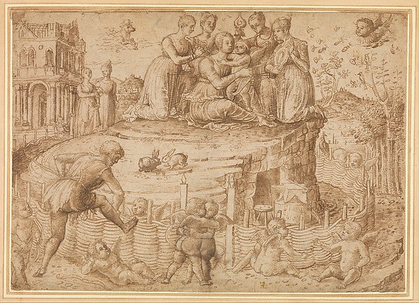 Circle of Giovanni Bellini c1430–1516:Vulcan Building a Fenc-16x12"(A3) Poster