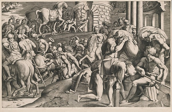 The Trojans pulling the wooden horse into the city 1545-Giulio, Poster Print