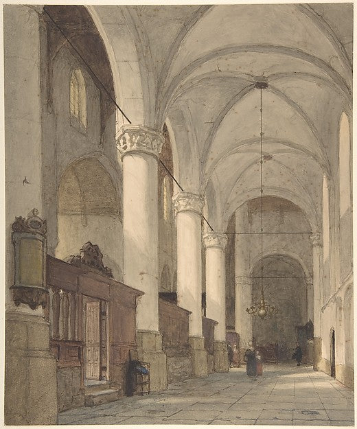 Vaulted Side Aisle of a Church with Figures 19th cent-Johanne,16x12"(A3) Poster