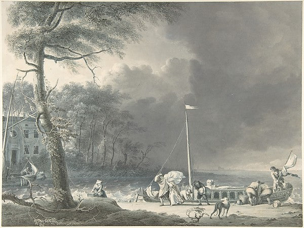 A Stormy Scene with Figures Unloading Boats Near a House on th,16x12"(A3) Poster