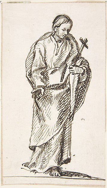 Standing Figure Holding Cross 17th cent-Anonymous, Spanish, Sc, Poster Print Wall Art