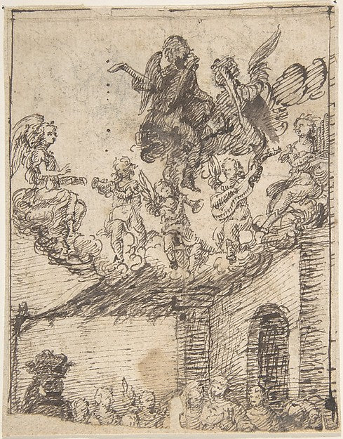 Fragment of Nativity Scene with Music-Making Angels on Clouds, Poster Print Wall Art