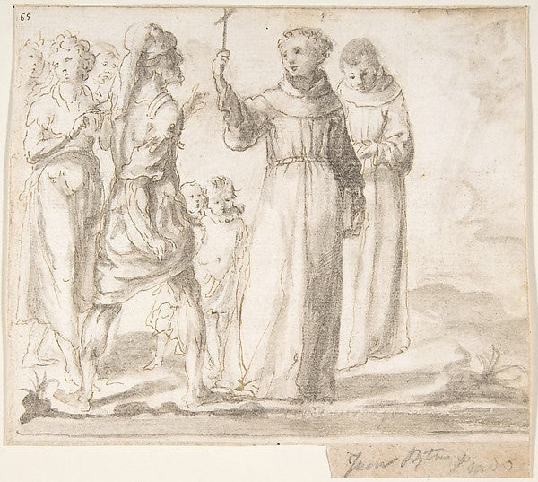 Figure of Monk Preaching to a Group of Figures 17th cent-Anony, Poster Print Wall Art