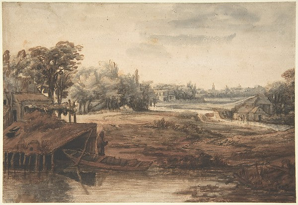 River Landscape with a Man Standing by a Boathouse mid-17th–la,16x12"(A3) Poster