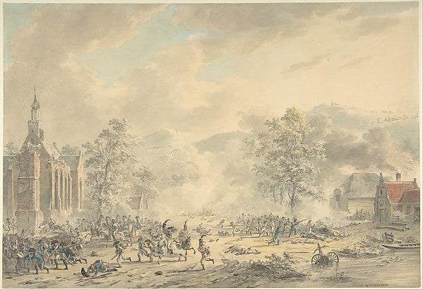 Battle Scene with Church at left c1790–1800-Dirk Langendijk, Poster Print