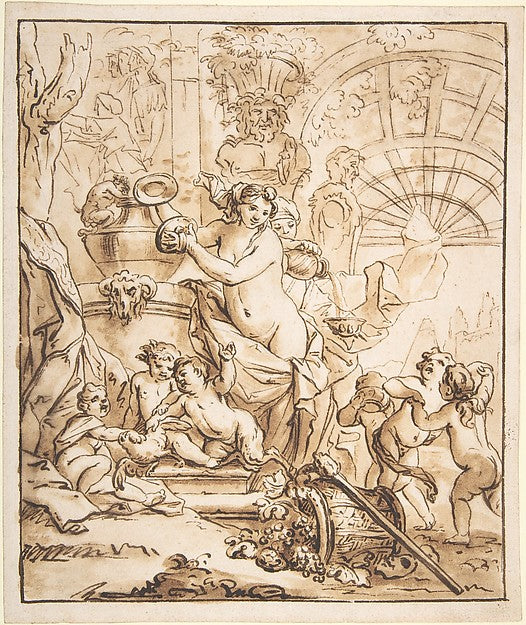 Bacchanalian Scene with Nymphs and Putti n.d.-Attributed to Ge,16x12"(A3)Poster