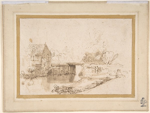 Landscape with a Draughtsman Seated by a River a Bridge and a, Poster Print