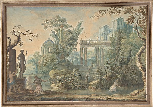 Arcadian Landscape with several Figures and a Statue of Apollo,16x12"(A3) Poster