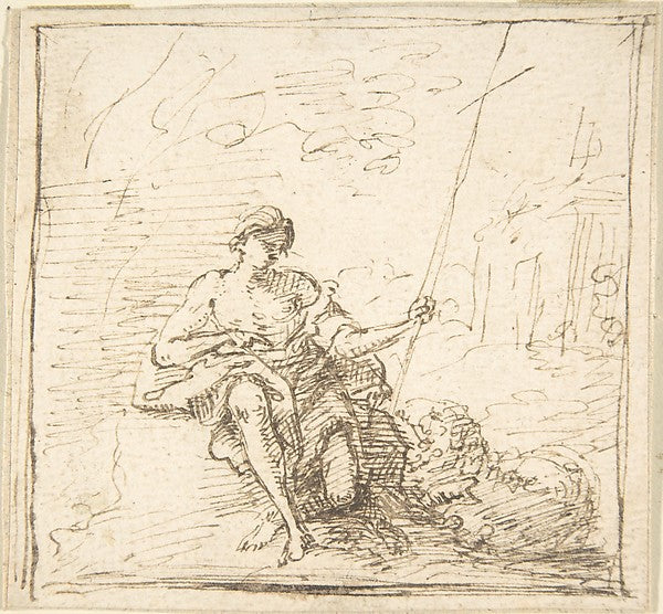 Adolescent John the Baptist with a Lamb in the Wilderness 17th, Poster Print Wall Art