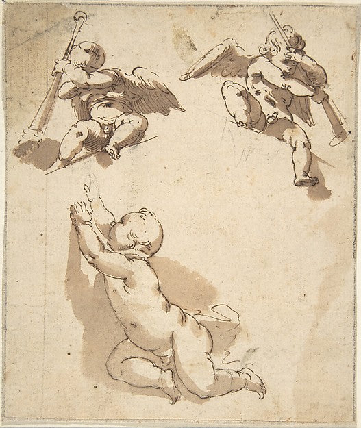 Study of a Child and Two Angels Holding Trumpets 17th cent-Ano, Poster Print Wall Art