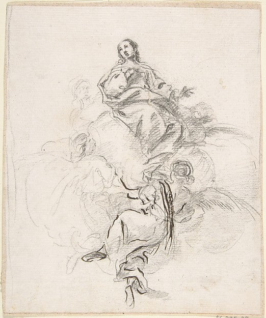 Virgin of the Immaculate Conception Seated on Clouds Supporte, Poster Print Wall Art