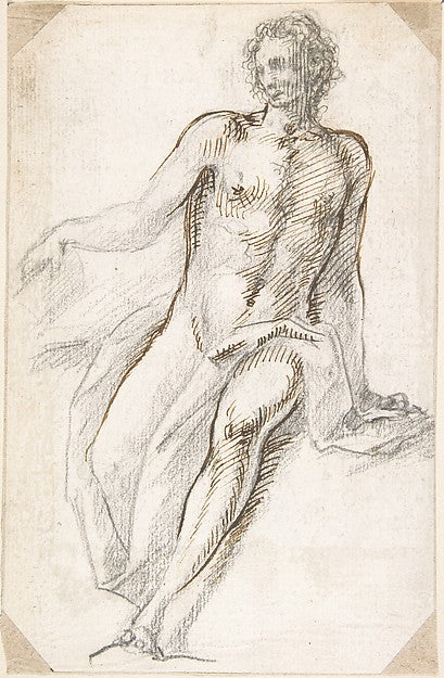 Seated Male Nude with Open Book 17th cent-Anonymous, Spanish,,16x12"(A3) Poster