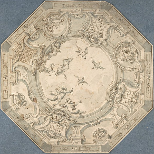 Octagonal Ceiling Design with Putti and Birds 18th cent-Anonym,16x12"(A3)Poster