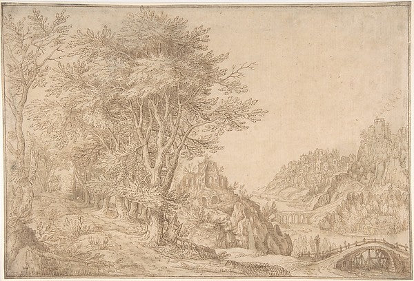 Wooded Landscape with a River Castle and Town Beyond 1611-De,16x12"(A3) Poster