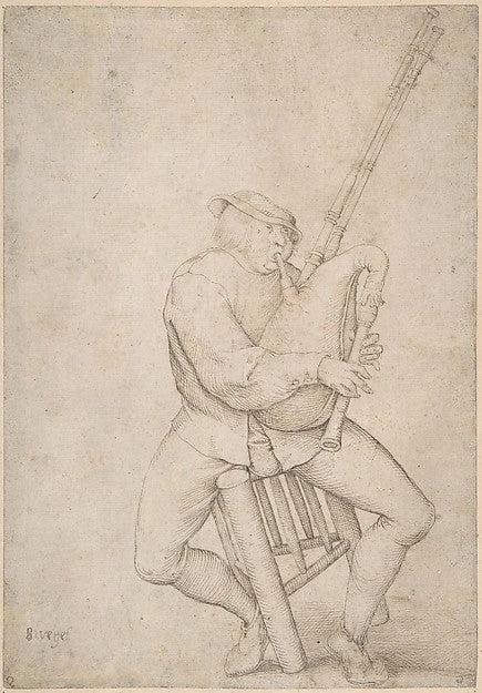 Seated Man Precariously Balanced Playing Bagpipes 16th cent, Poster Print Wall Art