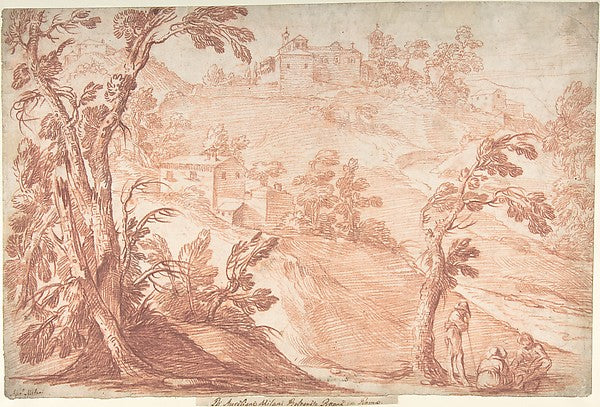Hilly Landscape with Three Figures 1675–1749-Aureliano Milani, Poster Print Wall Art