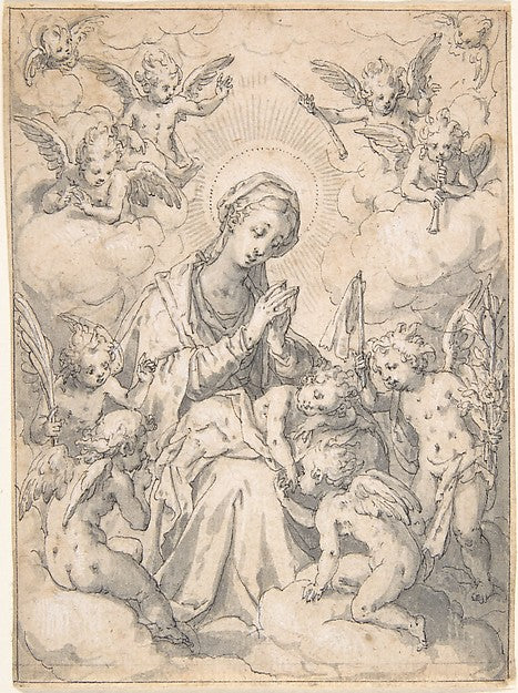 The Virgin and Child Surrounded by Little Angels in the Clouds, Poster Print
