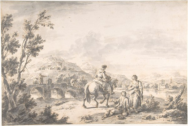 River Landscape with Two Mendicants and Other Figures 1709–84,16x12"(A3) Poster