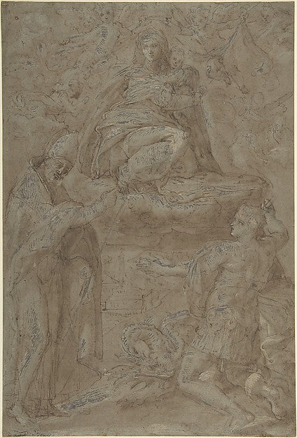 Madonna in Glory with Two Saints late 16th cent-Anonymous, Ita, Poster Print