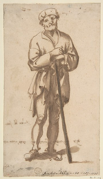 Standing Old Man in Frontal View Leaning On a Staff 17th cent,16x12"(A3) Poster