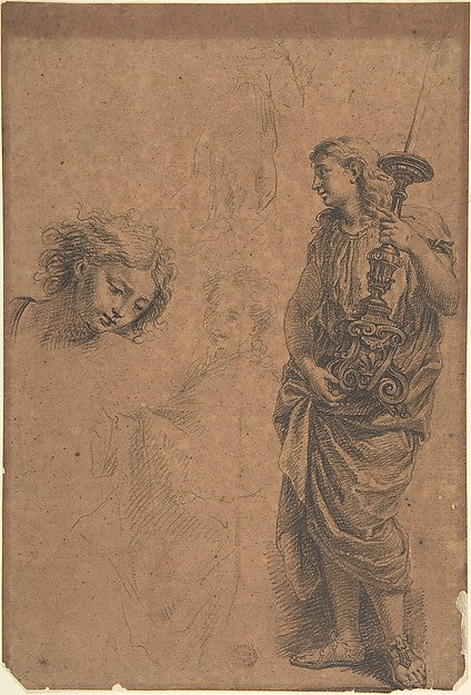 Studies - Figure Holding a Candlestand Woman with Left Arm Ext, Poster Print Wall Art