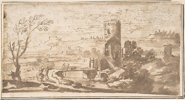 Landscape with Round Tower and Figures Crossing a Bridge 17th, Poster Print Wall Art