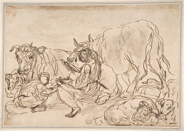 Figures with Cattle 17th cent-Anonymous, Italian, Roman-Bologn,16x12"(A3) Poster