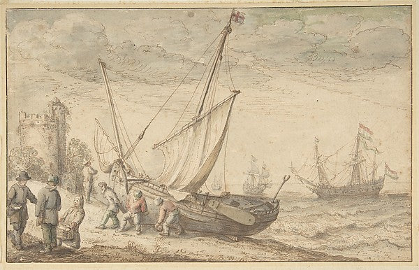 Fisherfolk Hauling their Boat onto the Shore n.d.-Adam Willaer, Poster Print Wall Art