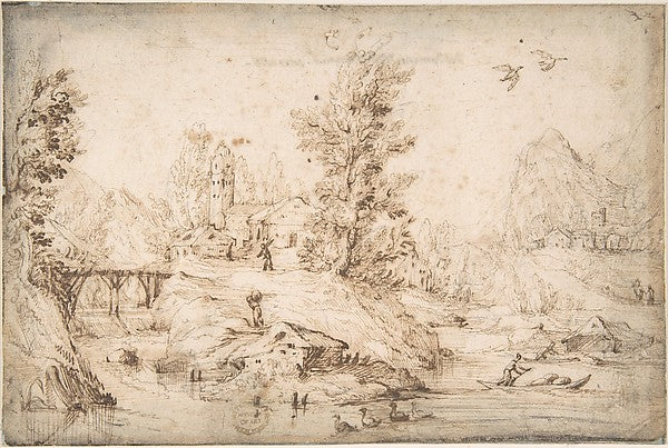 River View with Figures 17th cent-Anonymous, Italian, Roman-Bo,16x12"(A3) Poster
