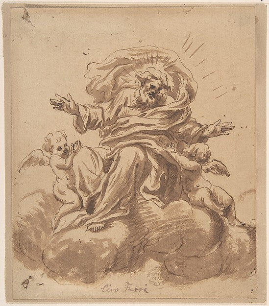 God the Father Seated on a Cloud Flanked by Two Putti 17th ce,16x12"(A3) Poster