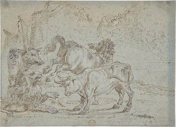 Horse Bull Lion and Boar 17th cent-Anonymous, Italian, Roma,16x12"(A3) Poster