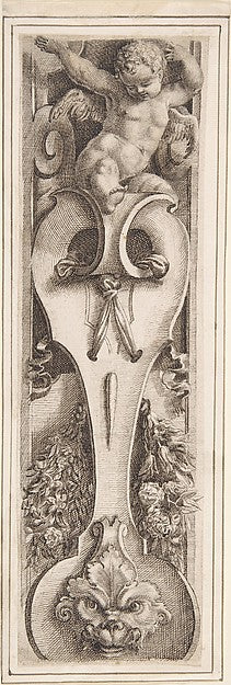 Ornamental Border with a Putto Scroll Mask and Floral Garla, Poster Print Wall Art