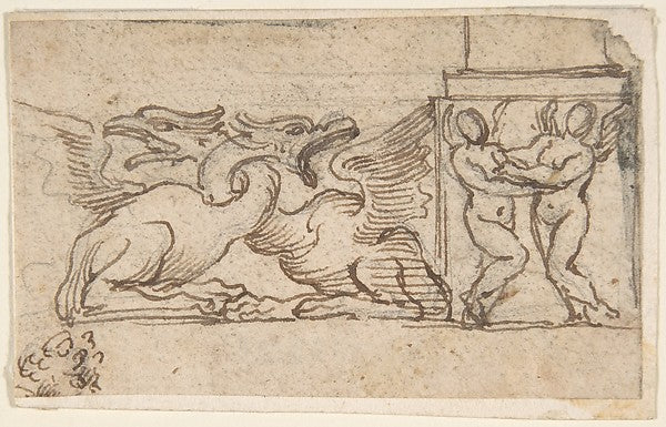 Ornamental Design of Winged Female Figures and Dragons 17th ce, Poster Print Wall Art