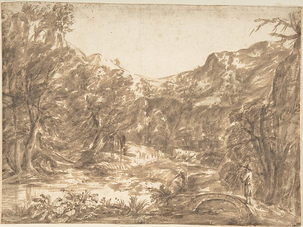 Landscape with Figure Standing on a Bridge 17th cent-Anonymous,16x12"(A3) Poster