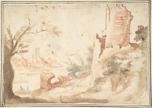 Landscape with Ruined Tower 17th cent-Anonymous, Italian, Roma,16x12"(A3) Poster