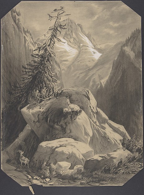 Three Goats in a Moutainous Landscape 1830–64-Alexandre Calame,16x12"(A3) Poster