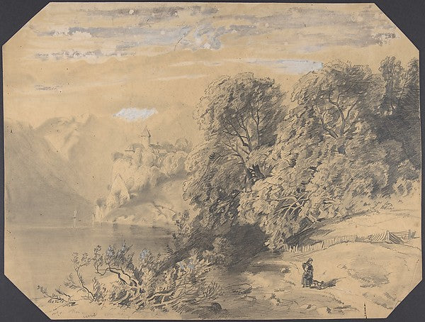 Woman with a dog by a mountain lake early to mid-19th cent-Ale, Poster Print Wall Art