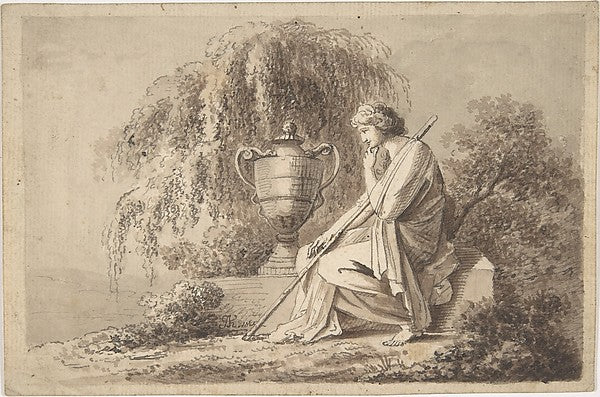 Female Figure Seated Beside an Urn 1800-circle of Angelica Kau,16x12"(A3) Poster